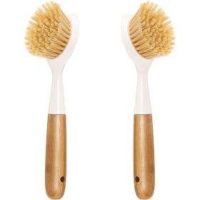 2 Pack Kitchen Dish Brushes, Bamboo Handle Dish Scrubbers With Built In Scraper, Reusable Cleaning Brushes For Dishes, Pots & Pans