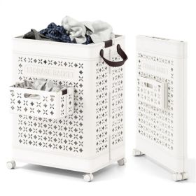 20 Gallon Foldable Laundry Hamper with Mini Hanging Basket, PP Hollow Design with Wheels