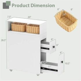 Slim White Bathroom Storage Cabinet (20"x7.5"x28.5") - Fits Tight Spaces (Tub-Toilet Gap), 2 Drawers + Open Shelf + Wicker Baskets