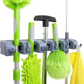 Heavy Duty Wall Mount Broom Mop Holder Heavy Duty Tool Organizer Hooks Slots Garage Laundry Kitchen Gray