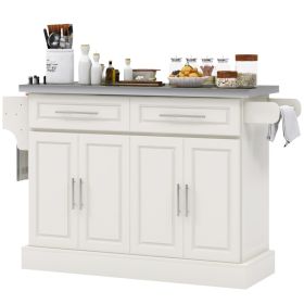 Rolling Kitchen Island with Stainless Steel Top, 2 Drawers, Spice, Knife and Towel Rack and Cabinets, Cream White