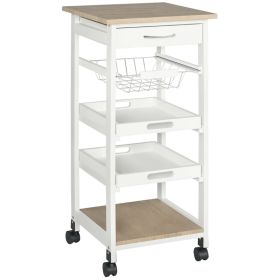 Mobile Kitchen Cart, Rolling Kitchen Island with Storage, Solid Wood Frame Utility Cart with Wire Fruit Baskets, Trays and Drawer, White