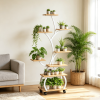Tree Shaped Plant Stand with Full Spectrum Grow Light, White Metal Frame Plant Shelf with Lockable Wheels