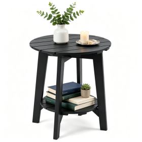 2-Tier Eucalyptus Wood Patio Side Table, Rustic Slatted Outdoor End Table with Bottom Storage Shelf