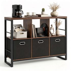 Industrial & Rustic Storage Cabinet, 3 Open Shelves & 3 Foldable Fabric Drawers Console Table