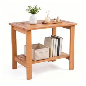 2-Tier Eucalyptus Wood Patio Side Table, Rustic Outdoor End Table with Slatted Tabletop & Bottom Shelf