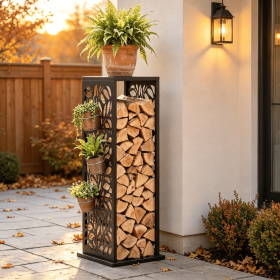 15 Inch Firewood Rack Black Galvanized Steel Outdoor Indoor Cutout Firewood Holder with Hooks Adjustable Pads