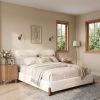 Elegant terry upholstered bed with dark brown solid wood legs, luxurious and comfortable bedroom centerpiece, queen size, white