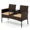 2-Seat PE Wicker Patio Loveseat Set, Outdoor Rattan Sofa with 2-Tier Tempered Glass Table