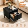 Black Fluted Drawer Nightstand Set of 2, Engineered Wood Metal Side End Table with Adjustable Foot Pads