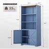 Barn door 3-tier display case, 69.7 31.5 15.4 inches, steel display case with vintage blue and contrasting wood grain