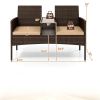 2-Seat PE Wicker Patio Loveseat Set, Outdoor Rattan Sofa with 2-Tier Tempered Glass Table